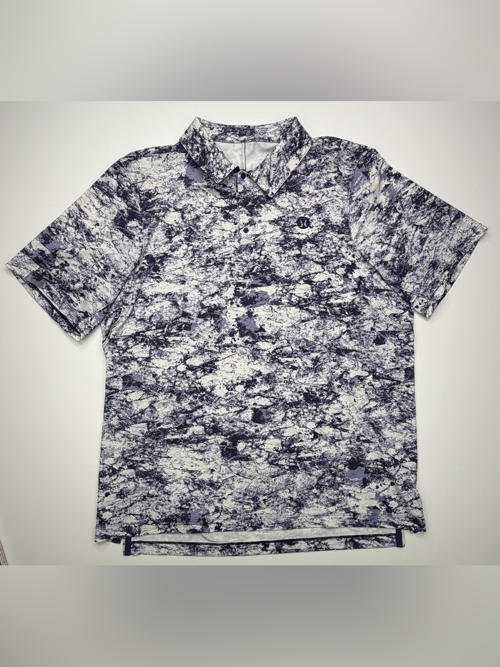 Lululemon Men's Crushed Granite Multi Pattern-Print Polo Shirt Blue/White EUC L